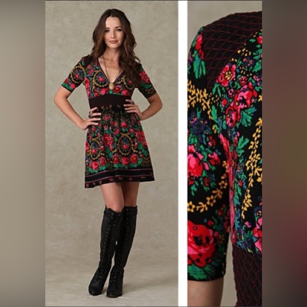 Free People Floral Mini Dress - Black and Red